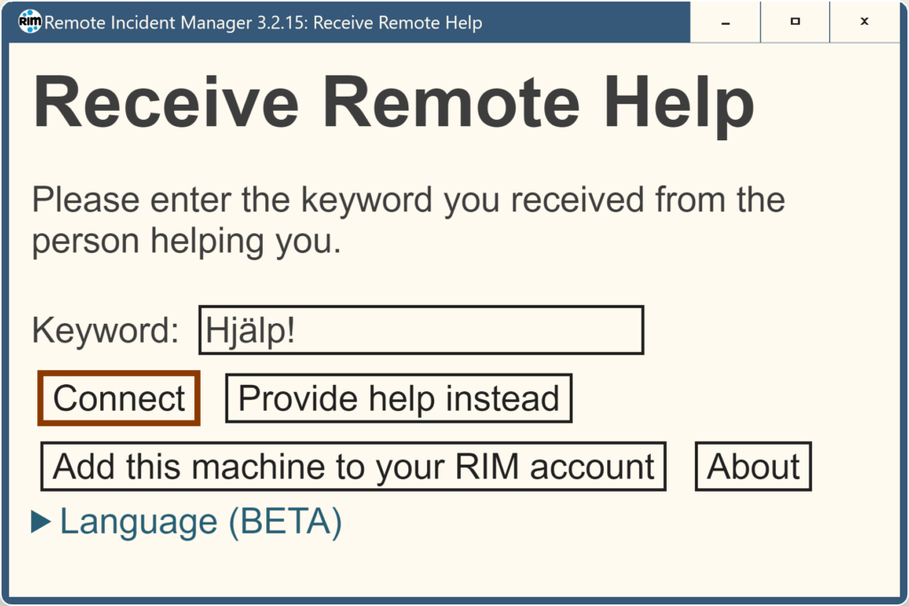 Skärmbild av Remote Incident Manager med angivet nyckelord.