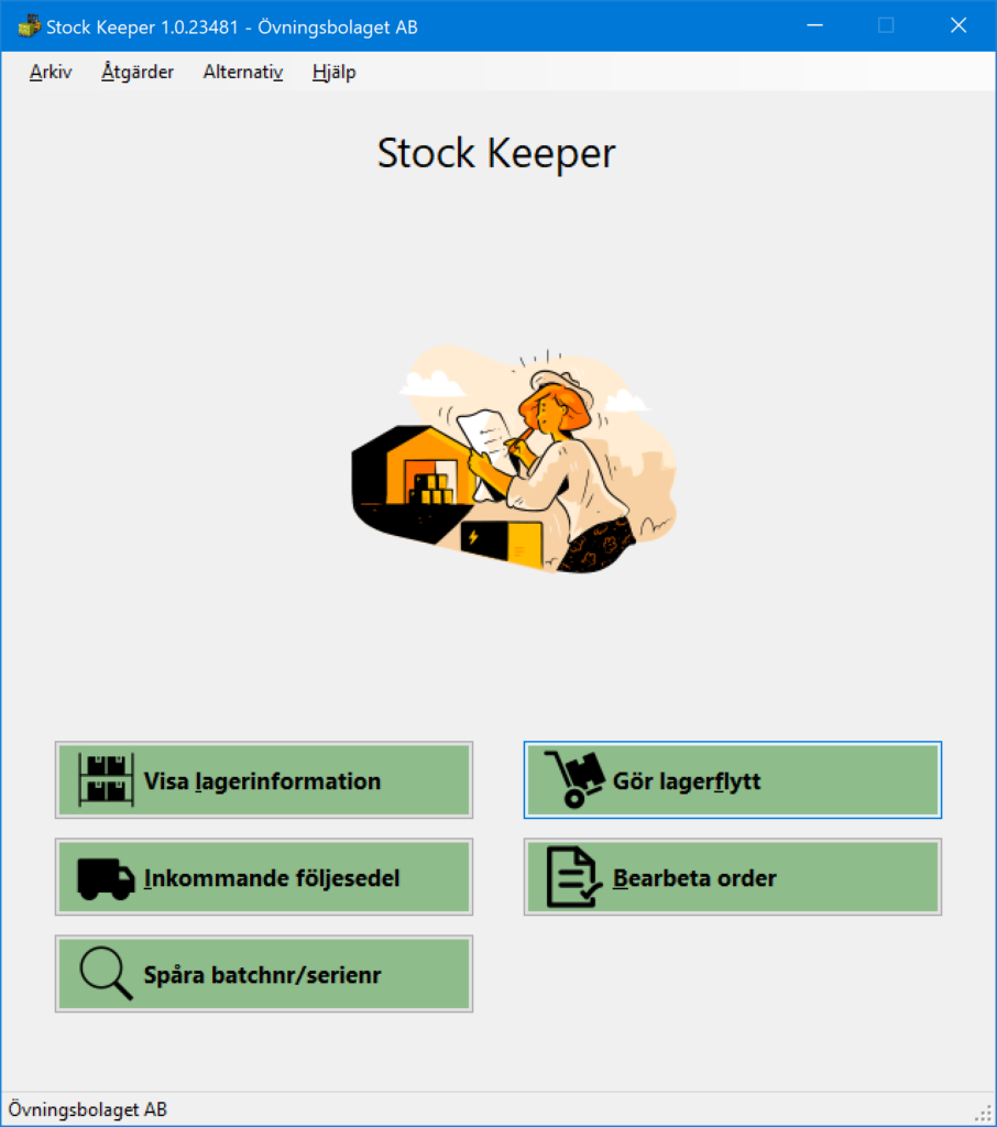 Skärmbild av Stock Keepers huvudfönster där man kan gå vidare till de olika modulerna.