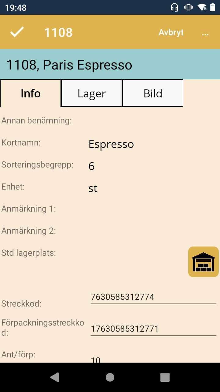 Vyn för artikelns detaljer med fliken Info vald.