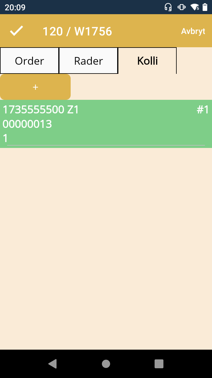 Vyn visar fliken kolli vid plockning av order