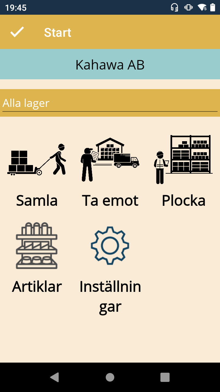 Startvyn med ikoner för attkomma vidare till appens olika moduler och inställningar. Välj om du är på ett specifikt lager eller om alla lager ska visas.